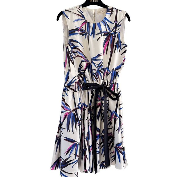 Emilio Pucci Women's Silk Floral Print Pleated White Scoop Neck Mini Dress S 36